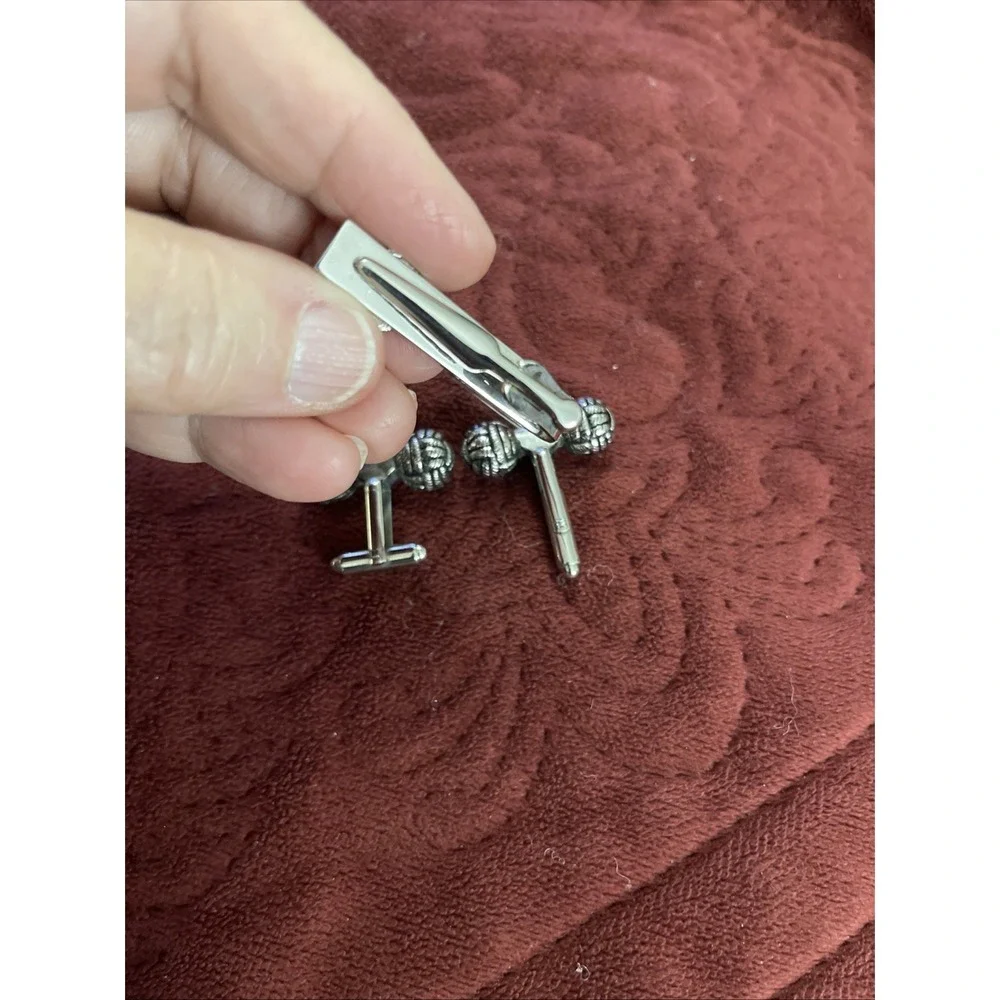 Vintage Cufflinks & Tie Clip With Love Knot Motif, Silvertone - Heavy Turks Head